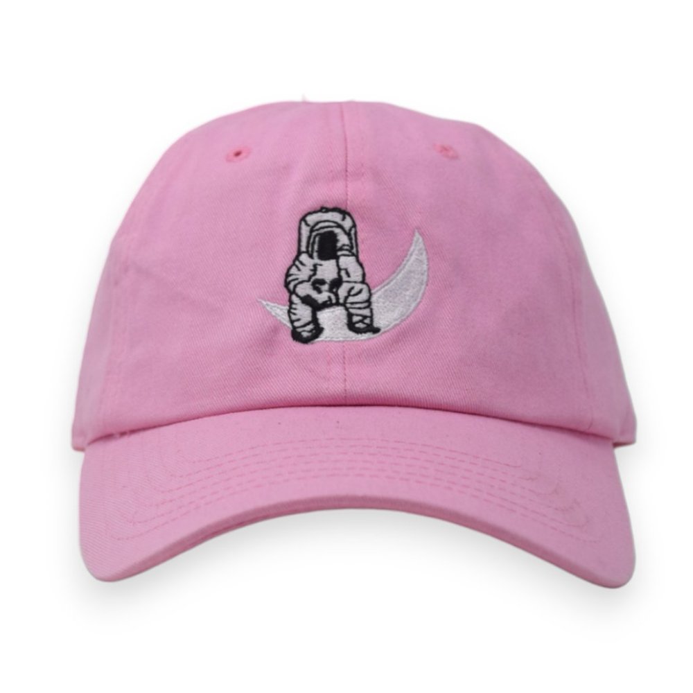 Man on Moon Embroidered 100% Cotton Unstructured Adjustable Dad Hat - PINK